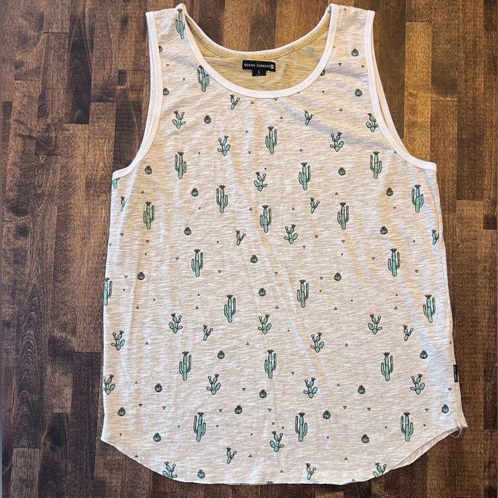 Ocean Current tan with green cactus and succulent cotton tank top womens large